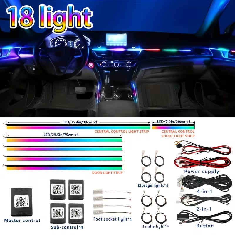 18-in-1 RGB Acrylic Car Interior Ambient Light Kit (Music Sync, Wireless Remote, 12V)